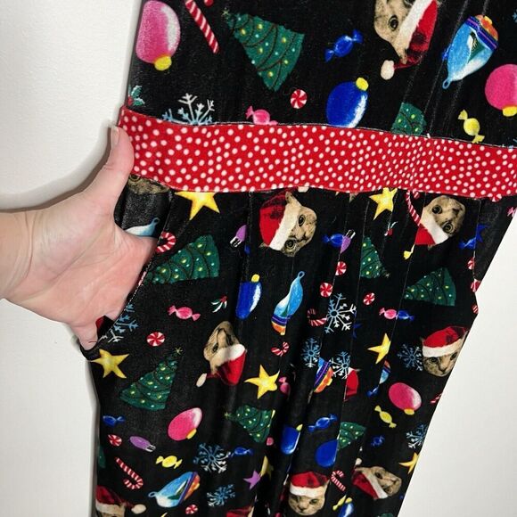 Love On A Hanger Overalls Womens Large‎ Black Velour Christmas Kitty Cat Santa - Picture 14 of 14